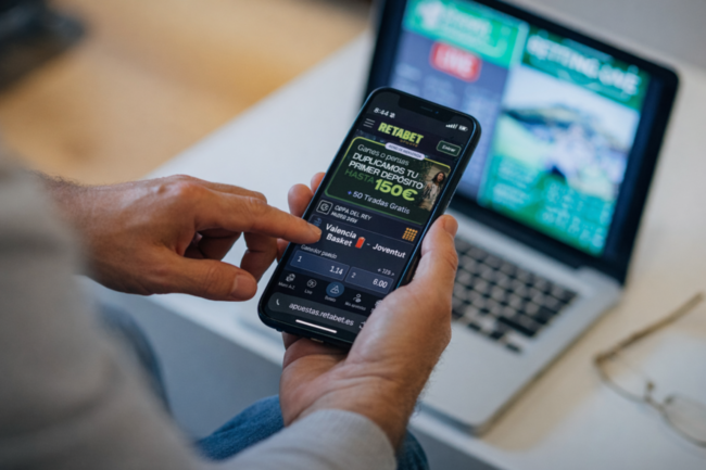 Hombre consultando apuestas deportivas online en el móvil mientras revisa cuotas en RETABET la casa de apuestas deportivas